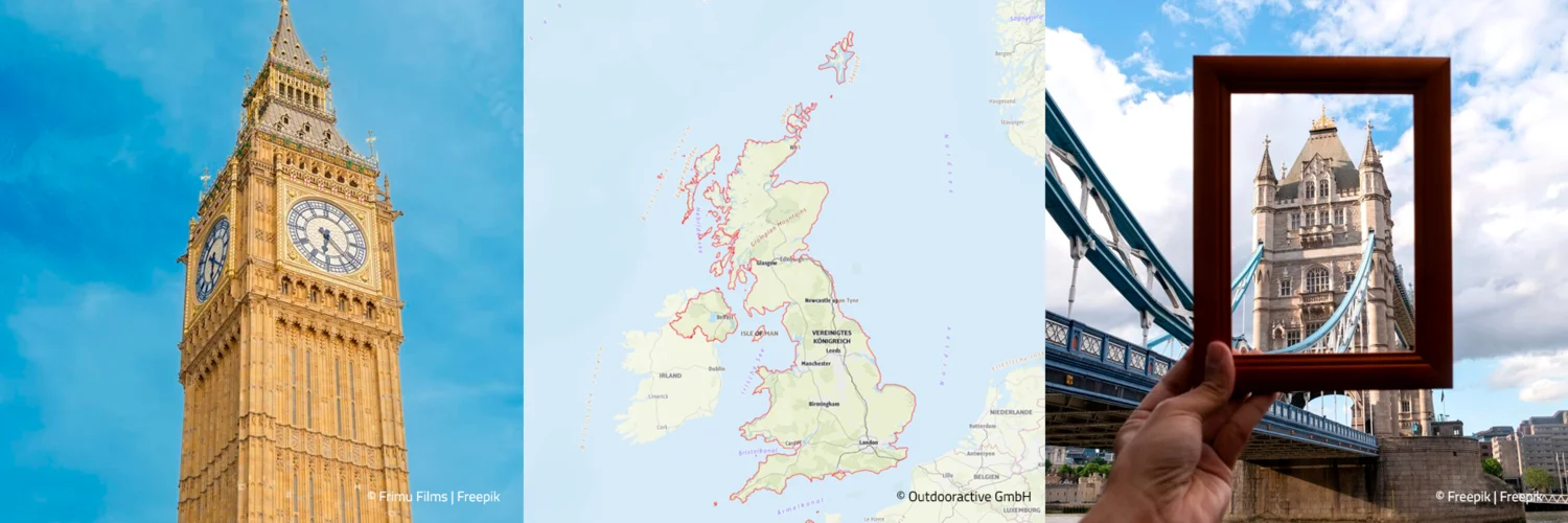 Blick auf den Eifelturm in Paris und Landkarte Großbritannien mit Sehenswürdigkeiten
